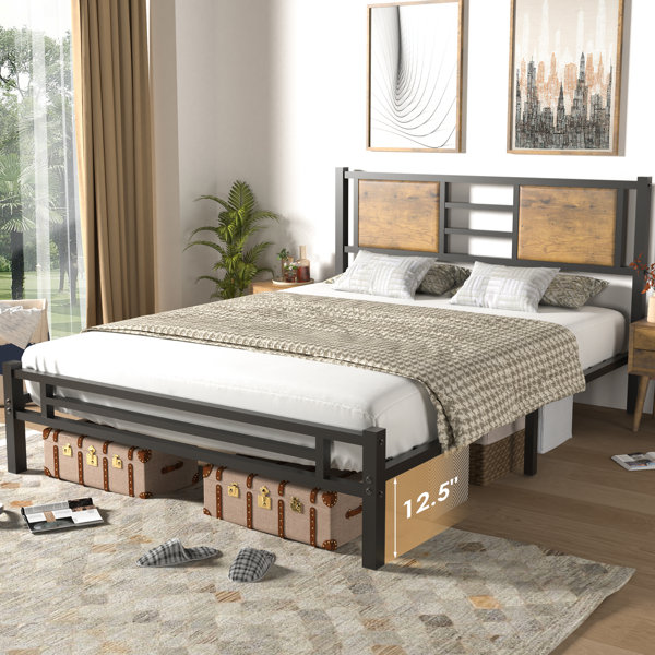 17 Stories Stipe 40.2'' Metal Bed Frame with Wood Headboard, Sturdy and